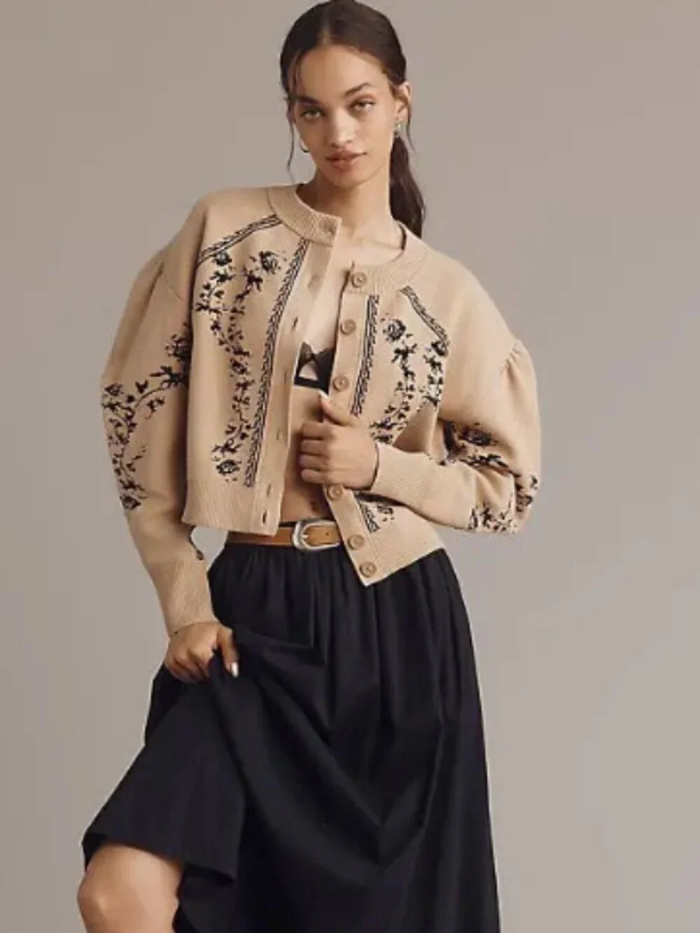 Anthropologie Embroidered Cardigan XS | Tan Floral Knit | Feminine Puff Sleeve - Picture 15 of 15